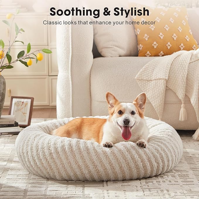 MIXJOY Dog Bed Medium Size Dogs, Washable Medium Dogs Bed with Removable Cover, Cozy Donut Dog Ded Fluffy Plush Faux Fur Pet Bed with Anti-Slip Bottom, 30"x30"x8", White