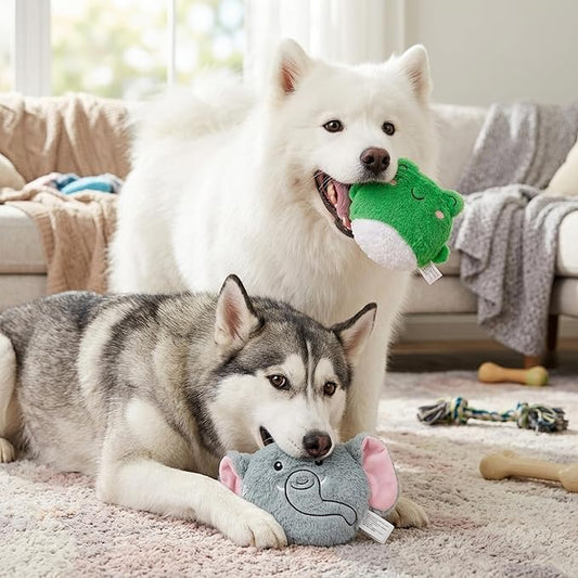 Plush Pet Squeaky Toy - 2Pcs Interactive Stuffed with Squeaker Dog Chew Puzzle Toys for Boredom & Teething, Durable Elephant & Frog Plush Puppies Supplies for for Small Medium Large
