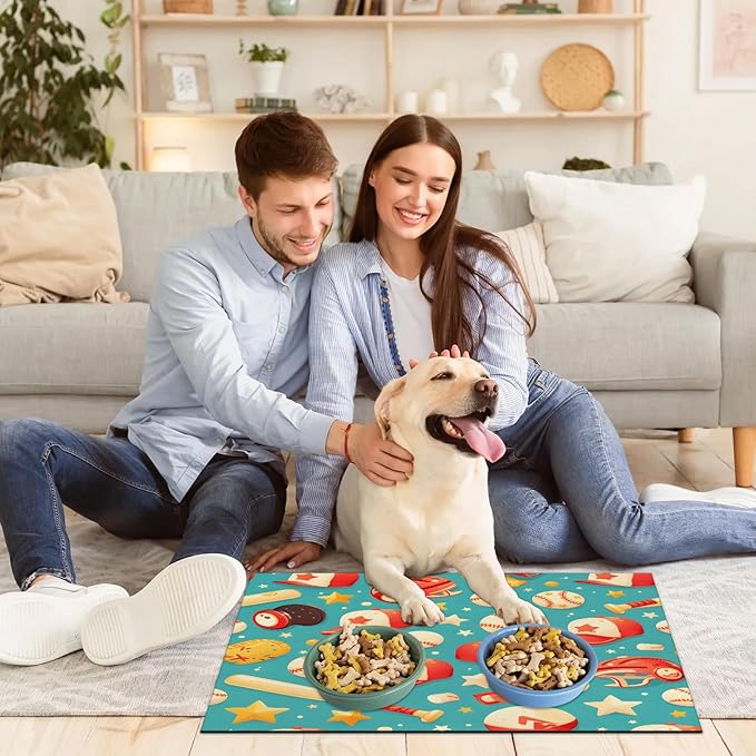 Baseball Dog Food Mat for Floors Absorbent, Quick Dry Water Dispenser Mat for Food, Water, Pet Supplies 24" x 32", Sport