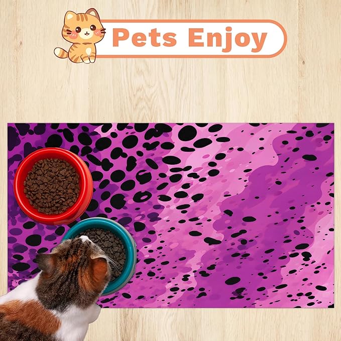 Leopard Print Dog Food Mat for Floors Absorbent Dog Bowl Mat for Food and Water Dispenser Quick Dry Cat Food Placemat Pet Supplies 16" x 24", Purple Wild Skin