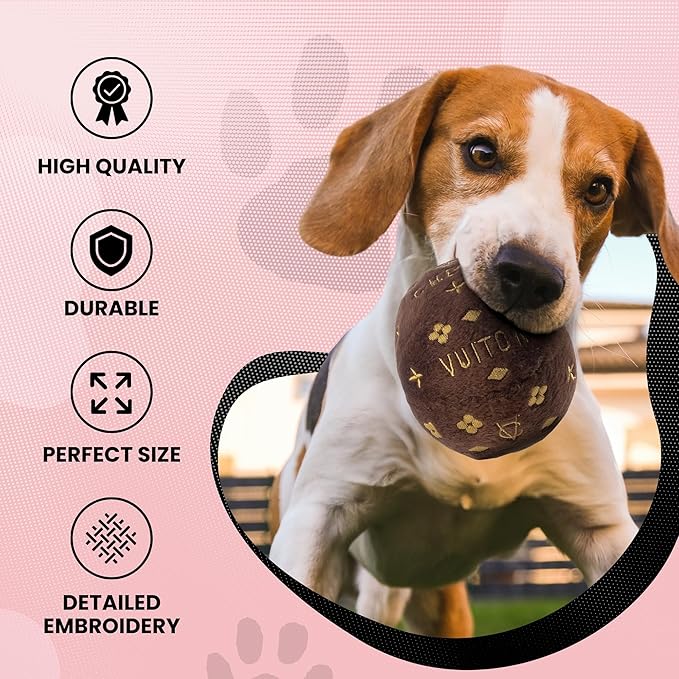 Dog Diggin Designs Chewy Vuiton Plush Squeaky Dog Toy Ball | Luxury-Inspired Parody Designer Ball with Squeaker, Soft Plush Fetch Dog Toy – Prêt-à-Porter Play!