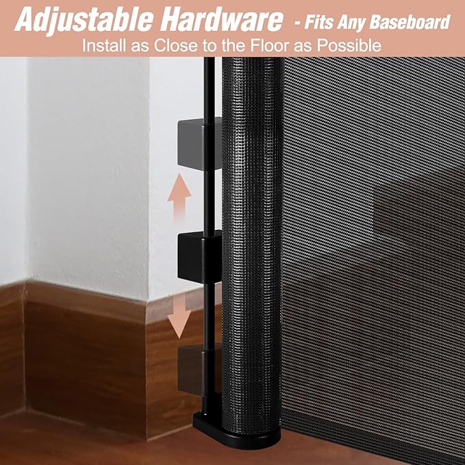 Reinforced 42" Tall x 75" Wide Retractable Baby Gate with Support Rods - Prevents Crawling Under Extra Tall Pet Gate Indoor Mesh Gate Outdoor Long Baby Gate Tall Dog Gates for Doorways, Black