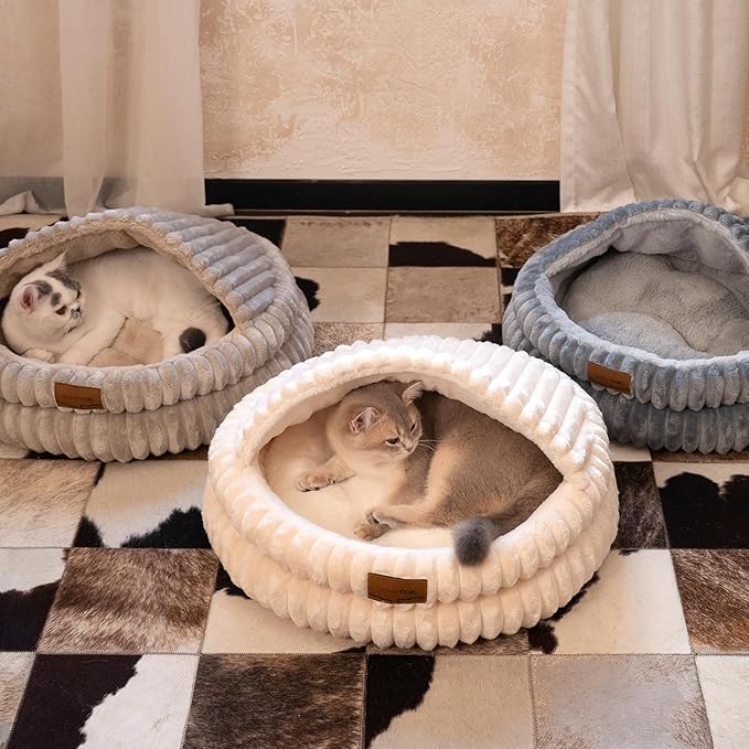 CHEERPALS Cat Cave Bed for Indoor Cats, Washable Covered Cat Bed Hooded Kitty Bed Soft Fluffy Pet Bed for Puppy and Small Dog(Khaki)