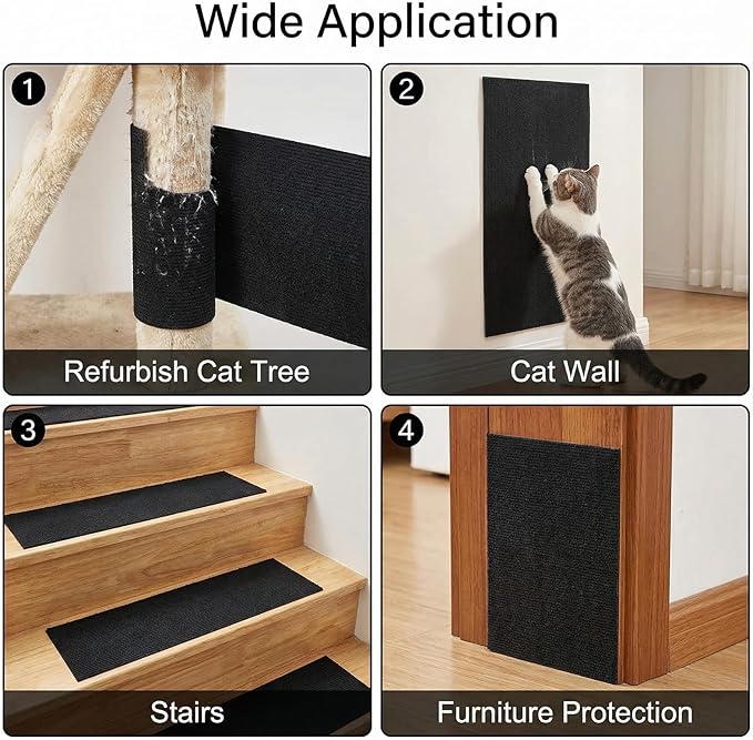 120"x15.8" Cat Scratch Mat Self-Adhesive Cat Scratch Carpet Trimmable Self-Adhesive Carpet Climb-Cat Scratcher for Couch, Sofa, Wall, Door Covering Tower and Replacement Pads (Black)