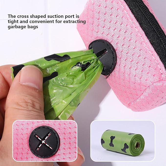Dog Waste Bag Dispenser | Mesh Fabric Attachment Pet Waste Bag Dispenser with Zipper | Hangable Pet Supplies, Large Capacity Dog for Training, Running, Bicycle