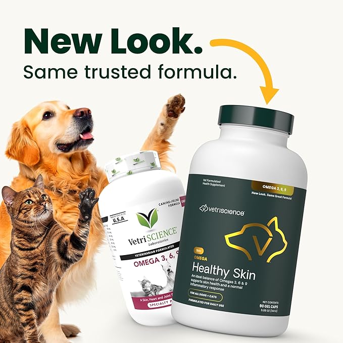 VetriScience Omega Healthy Skin Capsules, Omega 3.6.9 Fish Oil Supplement for Dogs and Cats, Skin Health, Coat Growth, Reduce Shedding, Over 750 mg Omega Fatty Acids per Capsule, Gel Caps, 90 Count
