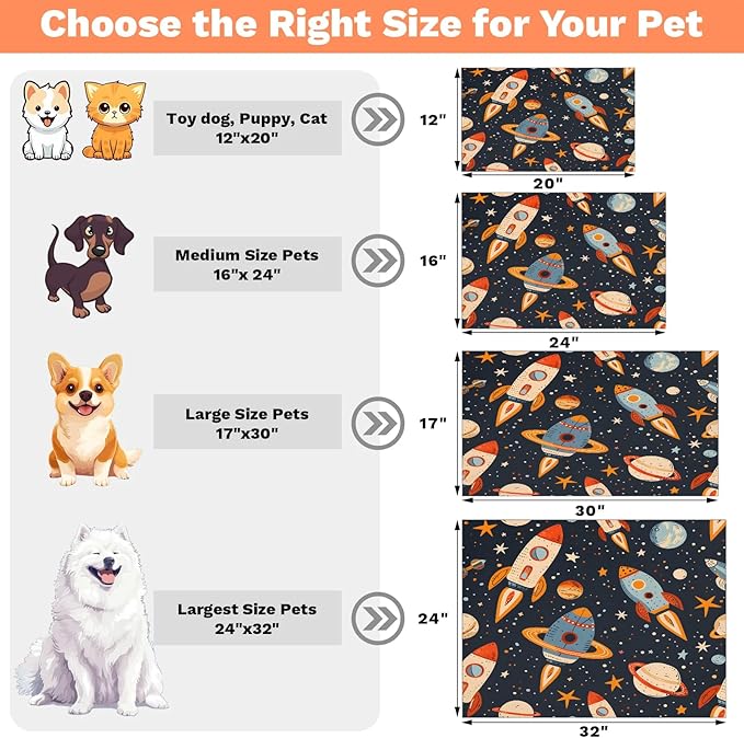 Rocket Dog Food Mat for Floors Absorbent, Quick Dry Water Dispenser Mat for Food, Water, Pet Supplies 12" x 20", Outer Space
