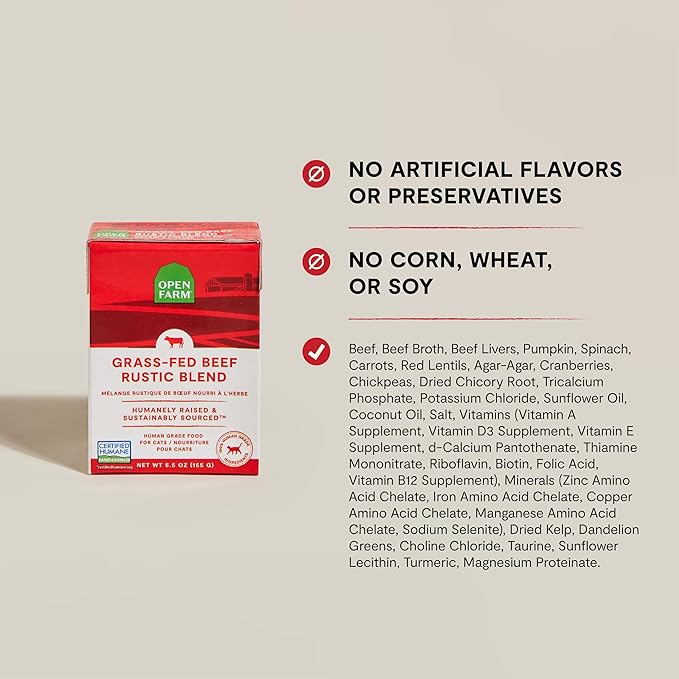 Open Farm Rustic Blend Wet Cat Food, Complete & Balanced Medley with Human-Grade Ingredients, Humanely-Raised Meat, Non-GMO Veggies & Bone Broth, Grass-Fed Beef Recipe, 5.5oz Packs (Case of 12)