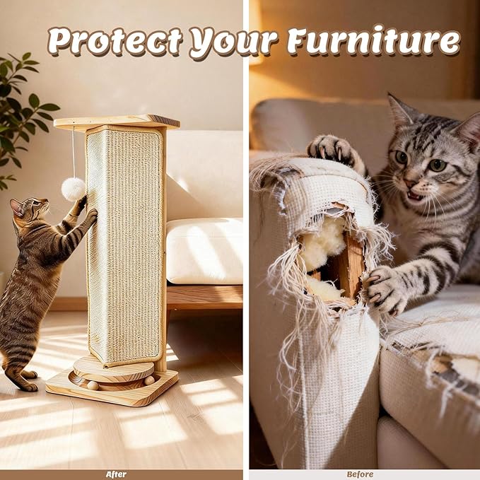 Couch Cat Corner Scratcher with Interactive Ball Toys for Cat, Replaceable Sisal Scratch Pad, Kitten Wall Scratcher for Couch, Wall Furniture Protector 25''