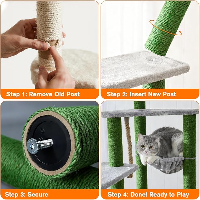 4 Pack Cat Scratching Post Replacement, 11.8 x 2.7 Inch Sisal Poles with M8 Screws, Refill Parts for Indoor Cat Towers and Furniture Repair-Green