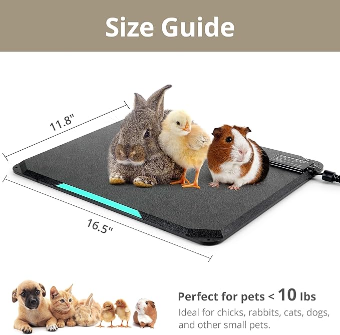 Outdoor Heated Pad for Small Animals, Anti-Bite & Waterproof Cat Heating Pad, Indoor Pet Warmer for Cat Houses/Rabbit Hutches/Chick Brooders in Extreme Weather, 16.5" x 11.8", 35 Watts