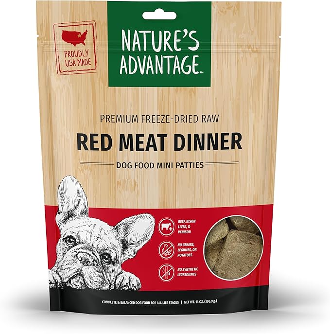 Nature's Advantage Freeze-Dried Raw Red Meat Dinner Dog Food Mini Patties, 14 oz | Beef, Venison, Fruits, Veggies | Grain Free, High Protein Nutrition
