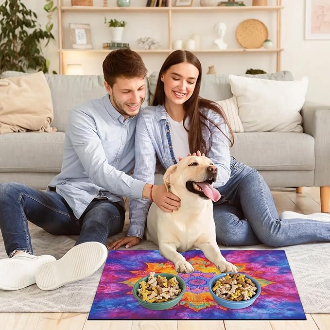Tie Dye Dog Food Mat for Floors Absorbent, Quick Dry Water Dispenser Mat for Food, Water, Pet Supplies 17" x 30", Hippie Mandala