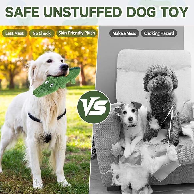 Mihachi No Stuffing Crinkle Dog Toys, 2-in-1 Holds Water Bottles - Cruncher with Puncture Resistant Squeaker, Dog Squeak Toys Plush Dogs Chew Toy for Puppy Small Medium Large Breed Chewer, Crocodile