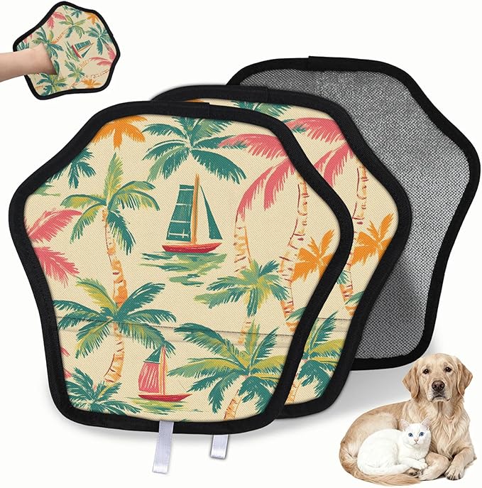 Reusable Pet Hair Removal Glove Coconut Tree Boat Magic Brush for Cat & Dog Hair Remover for Car, Sofa, Bedding, Clothes - 9x9 Mitt Washable