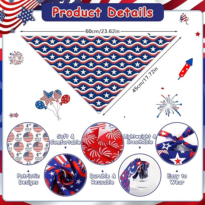 12Pcs 4th of July Dog Bandanas Bulk Independence Day Dog Bandana Adjustable Triangle Reversible Pet Accessories Patriotic American Flag Puppy Scarf for Small Medium Large Dogs Cats Memorial Day Supply
