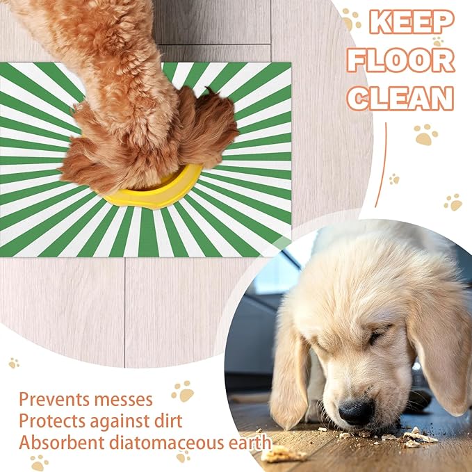 Striped Dog Food Mat for Floors Absorbent, Quick Dry Water Dispenser Mat for Food, Water, Pet Supplies 16" x 24", White Green