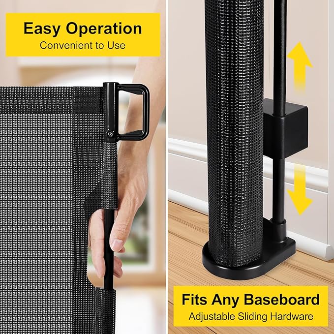 Reinforced 42” Tall x 160” Extra Wide Retractable Baby Gates with Support Rods, Outdoor Pet Gate for Wide Openings, Tall Baby Gates for Dogs Extra Long Dog Gate Large Outdoor Gates for Decks, Black