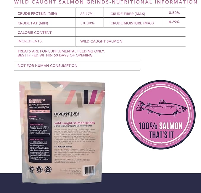 Momentum Carnivore Nutrition Freeze-Dried Wild-Caught Salmon Pet Food Topper – Single-Ingredient, All-Natural Topper – High-Protein for Dogs and Cats, Grain-Free and Made in The USA– (3.75 oz Bag)
