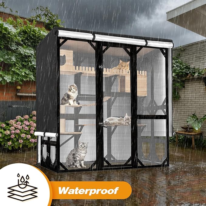 Catio Cover,73"L x 40"W x 73"H Cover for Catio Outdoor Cat Enclosure Waterproof, 420D Cat Cage Covers for FunXplore Large Cats Catios, Outdoor Cats Enclosure Covers(Black)(Catios Not Included)