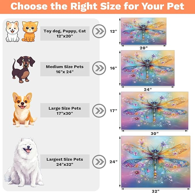 Dragonfly Dog Food Mat for Floors Absorbent, Quick Dry Water Dispenser Mat for Food, Water, Pet Supplies 24" x 32", Floral