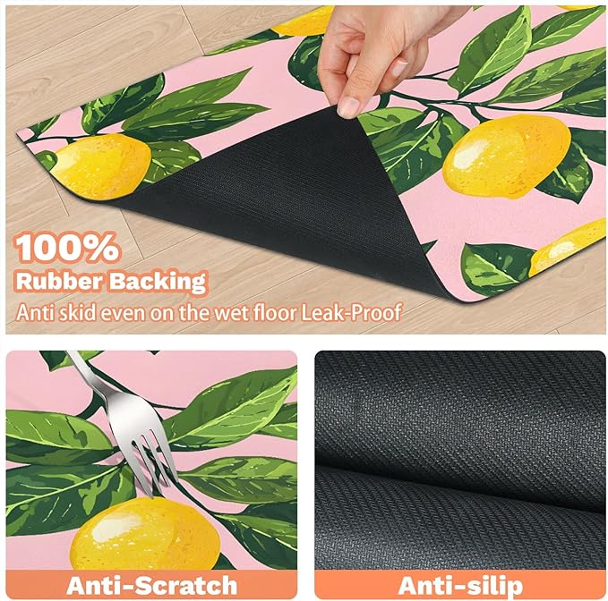 Lemon Fruits Dog Food Mat for Floors Absorbent Dog Bowl Mat for Food and Water Dispenser Quick Dry Cat Food Placemat Pet Supplies 12" x 20", Green Leaves