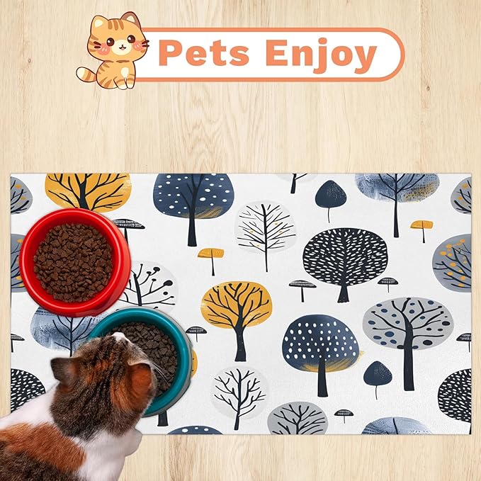 Tree Dog Food Mat for Floors Absorbent, Quick Dry Water Dispenser Mat for Food, Water, Pet Supplies 24" x 32", Boho Plant
