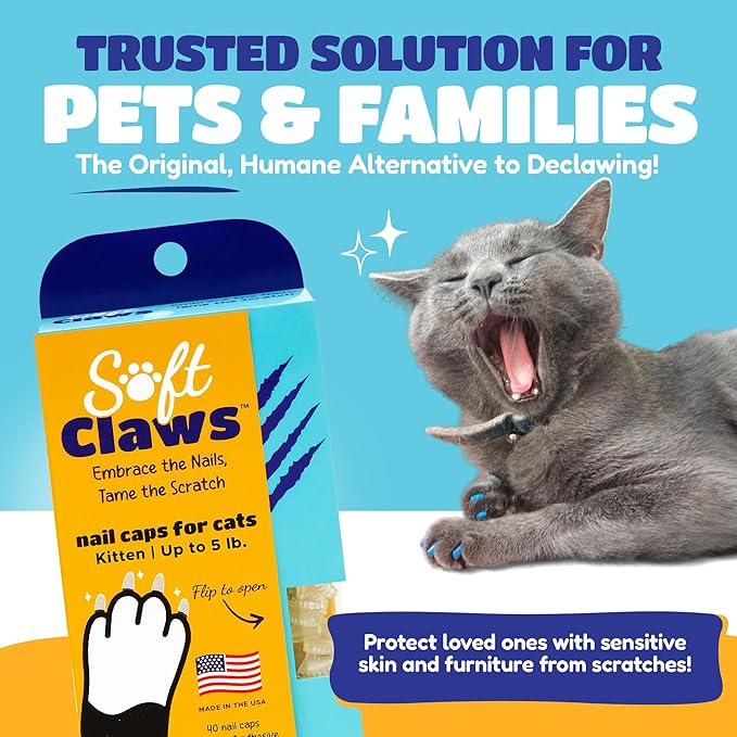 Soft Claws Cat Nail Caps for Kitten – 40 Clear Caps | Veterinarian-Developed | Protects Furniture & Skin – Easy to Apply, Long-Lasting Anti-Scratch Cat Claw Covers