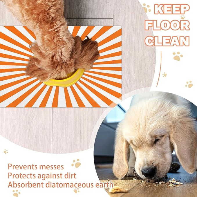 Striped Dog Food Mat for Floors Absorbent, Quick Dry Water Dispenser Mat for Food, Water, Pet Supplies 24" x 32", White Orange