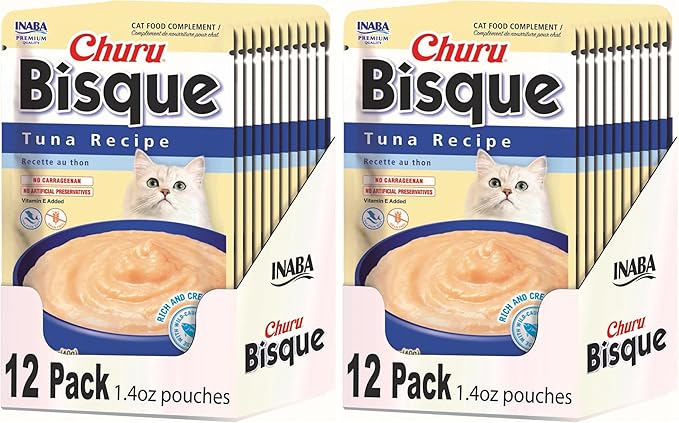 INABA Churu Bisque for Cats,Creamy Lickable Purée Side Dish with Vitamin E,1.4 Ounces per Pouch,Tuna Recipe,(Pack of 24)
