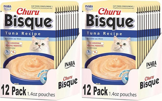 INABA Churu Bisque for Cats,Creamy Lickable Purée Side Dish with Vitamin E,1.4 Ounces per Pouch,Tuna Recipe,(Pack of 24)