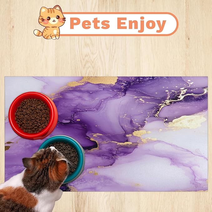 Marble Dog Food Mat for Floors Absorbent, Quick Dry Water Dispenser Mat for Food, Water, Pet Supplies 12" x 20", Purple Gold Abstract