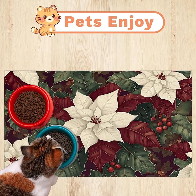 Christmas Flower Dog Food Mat for Floors Absorbent, Quick Dry Water Dispenser Mat for Food, Water, Pet Supplies 17" x 30", Red White Poinsettias