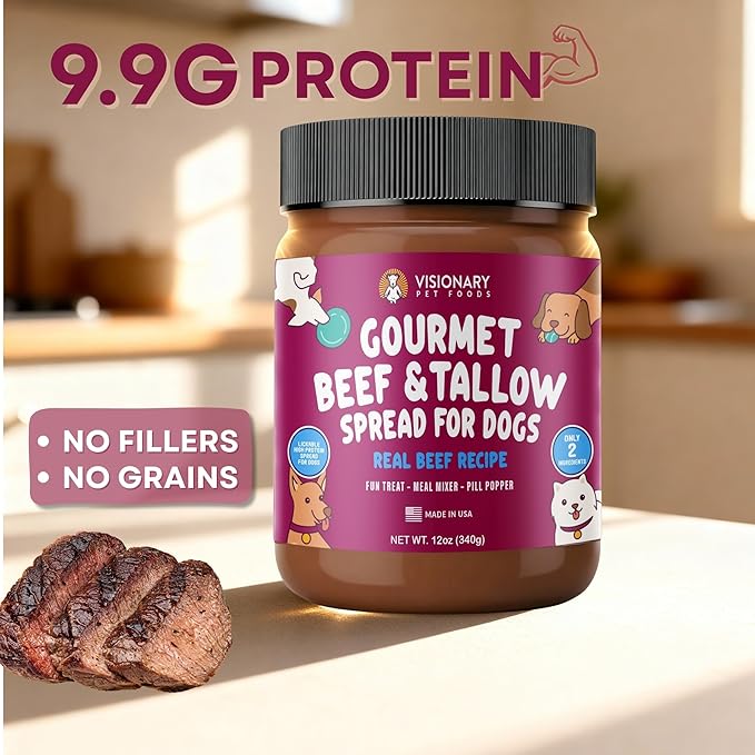 Visionary Pet Foods Beef Meat Spread, Dog Safe and Natural Peanut Butter Alternative - Healthy Digestive Support, No Additives - Lick Mat Treats - 12oz Jar