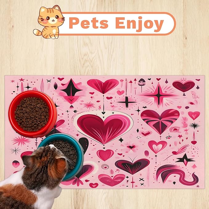 Valentine Dog Food Mat for Floors Absorbent, Quick Dry Water Dispenser Mat for Food, Water, Pet Supplies 16" x 24", Red Black Heart