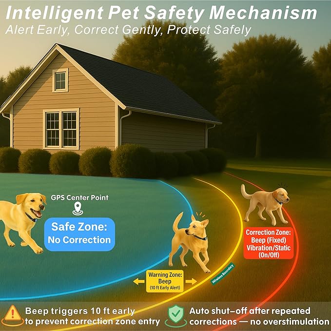 GPS Wireless Electric Dog Fence – Circular Wireless Dog Fence System for Dogs with Early Warning Beep & Auto-Protection, Quick-Charge Collar, 6561ft Range, Waterproof, 3 Modes, No App,Outdoor Use Only