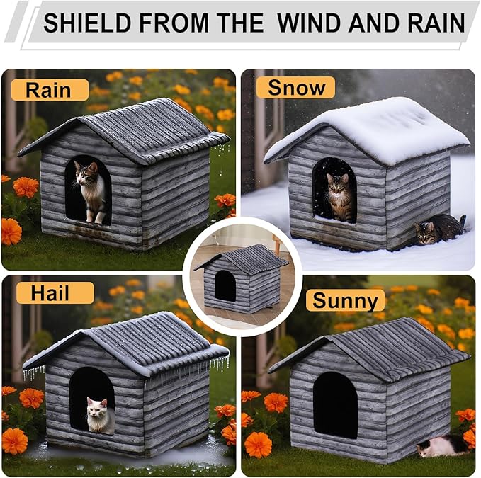 Outdoor Cat House Cat House for Outdoor and Indoor Use - Waterproof Shelter for Cats, Dogs, and Feral Animals (Grey Wood Color, Large)