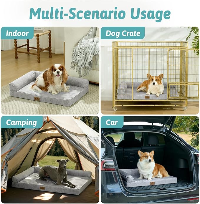Cooling Dog Bed, Orthopedic Foam Dog Bed with Sides, Removable Cover & Waterproof Lining and Nonskid Bottom, Comfortable Pet Beds for Dogs, Grey (42" L x 30" W x 7" Th)
