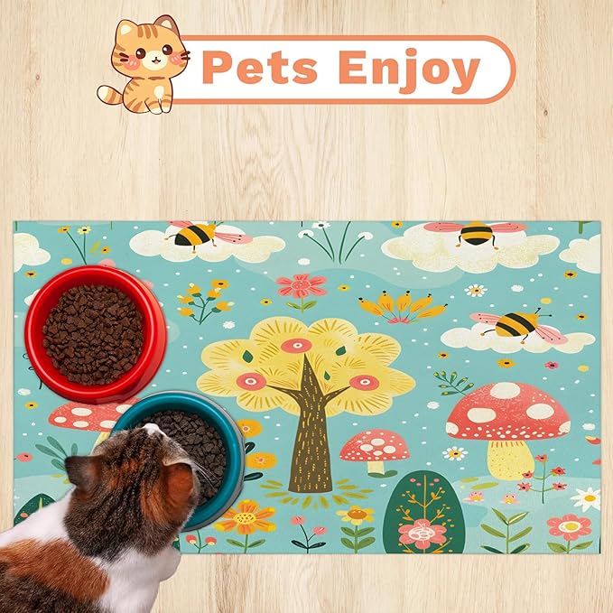 Tree Dog Food Mat for Floors Absorbent, Quick Dry Water Dispenser Mat for Food, Water, Pet Supplies 17" x 30", Mushroom Flower