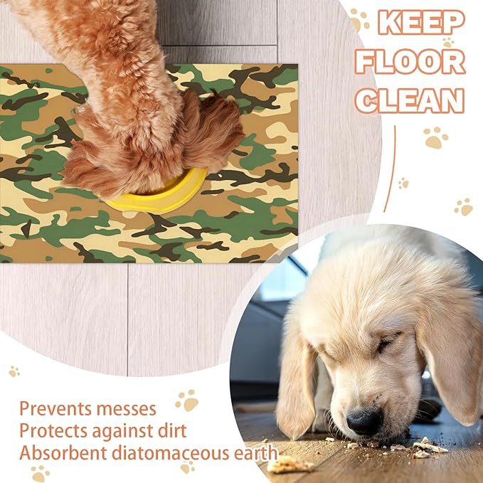 Camouflage Dog Food Mat for Floors Absorbent Dog Bowl Mat for Food and Water Dispenser Quick Dry Cat Food Placemat Pet Supplies 17" x 30", Brown Green Camo