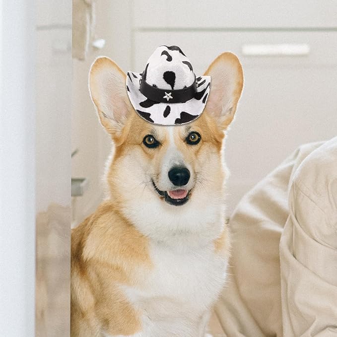Adjustable Milk Pattern Puppy Hat with Chin Strap, Small Size Cowboy Hat for Dogs and Cats, Festival Party Pet Accessory, Photo Prop for Pet Supplies