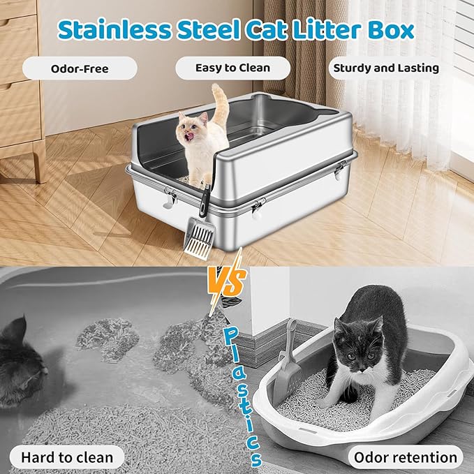 Extra Large Stainless Steel Cat Litter Box, 27.5" L x 19.7" W x 14" H XXXL Semi Enclosed Removable Metal Litter Tray with High Sided Enclosure, Scoop, Anti-Leakage, Non-Sticky, Easy Cleaning