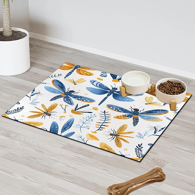 Boho Dragonfly Dog Food Mat for Floors Absorbent, Quick Dry Water Dispenser Mat for Food, Water, Pet Supplies 24" x 32", Wildflower