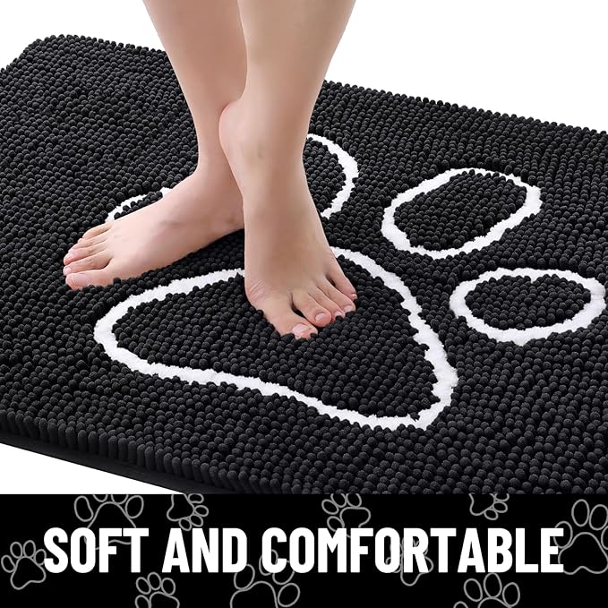 Smiry Dog Door Mat for Muddy Paws, Absorbent Dirt Trapper Non Slip Quick Dry Washable Chenille Mat for Mud Dogs, Entry Rug for Indoor and Outdoor (44x24 Inches, Black and White)