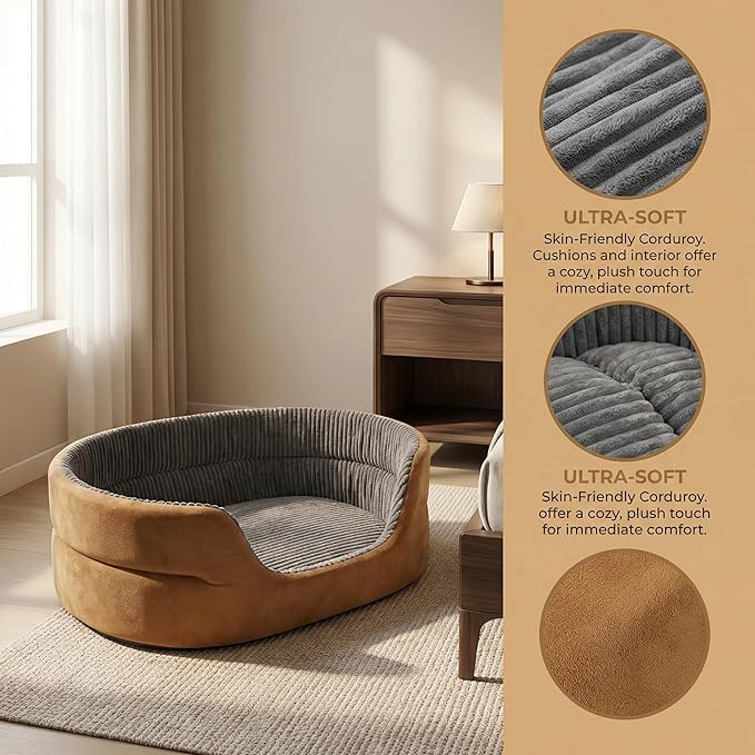 Small Dog Bed Cat Bed 16x20 Inch, Calming Pet Bed for Puppies, Teacup Dogs & Kittens, Half-Enclosed Open-Top Velvet Anti-Anxiety Bed, Machine Washable Cozy Snuggle Bed (Camel)
