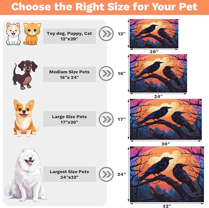 Halloween Raven Dog Food Mat for Floors Absorbent, Quick Dry Water Dispenser Mat for Food, Water, Pet Supplies 24" x 32", Moon Night
