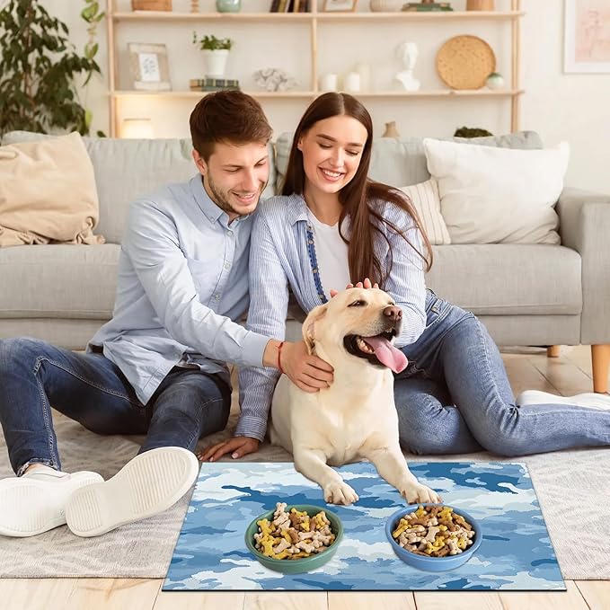 Blue Camo Dog Food Mat for Floors Absorbent Dog Bowl Mat for Food and Water Dispenser Quick Dry Cat Food Placemat Pet Supplies 16" x 24", Camouflage