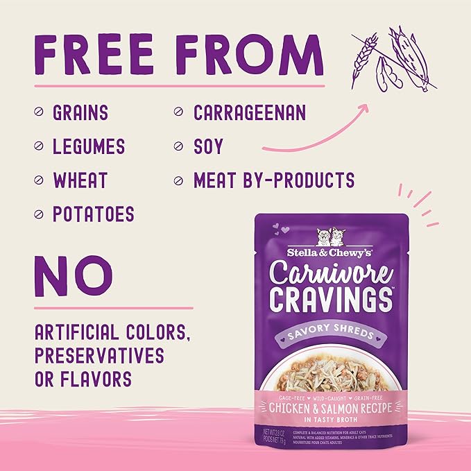 Stella & Chewy's Carnivore Cravings Wet Cat Food - Premium Pouches - Grain Free, High Protein Chicken & Salmon - Perfect For Picky Eaters - Complete Meal or Topper (2.8 oz, 24 Pack)