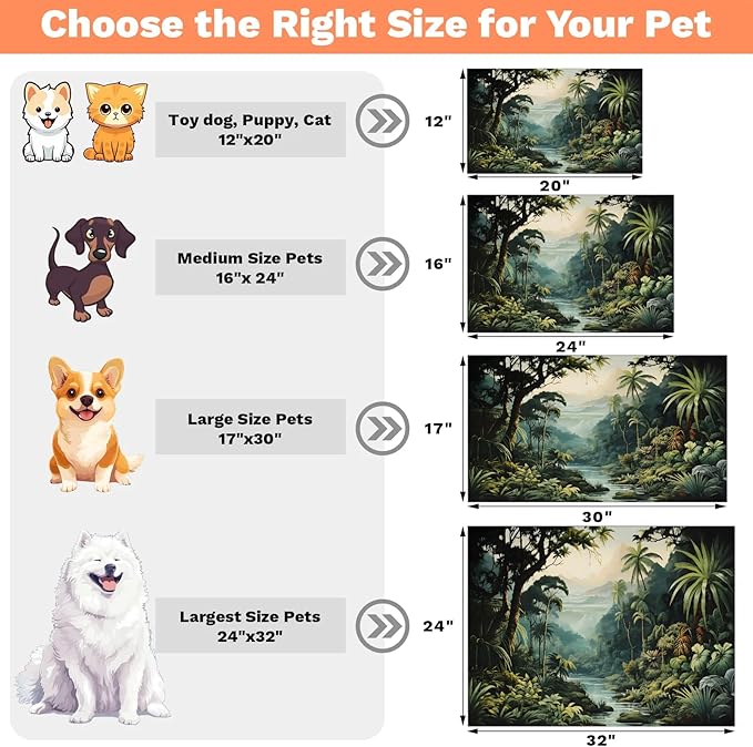Tropical Rainforest Dog Food Mat for Floors Absorbent, Quick Dry Water Dispenser Mat for Food, Water, Pet Supplies 24" x 32", Green Forest