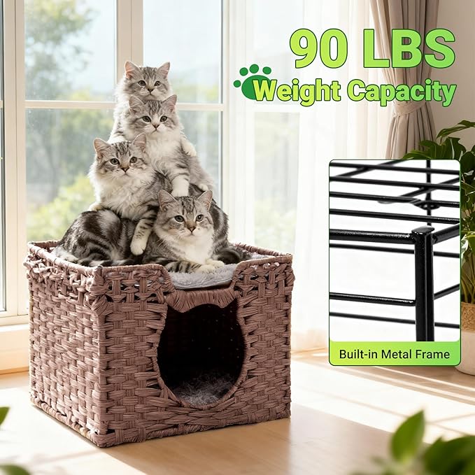 Handwoven Rattan Cat House w/ 2 Cushions, Wicker Cat Bed Indoor Kitten House, Waterproof & Foldable Pet Cube Bed, Brown, 16.5”L x 16.5”W x 12.6”H